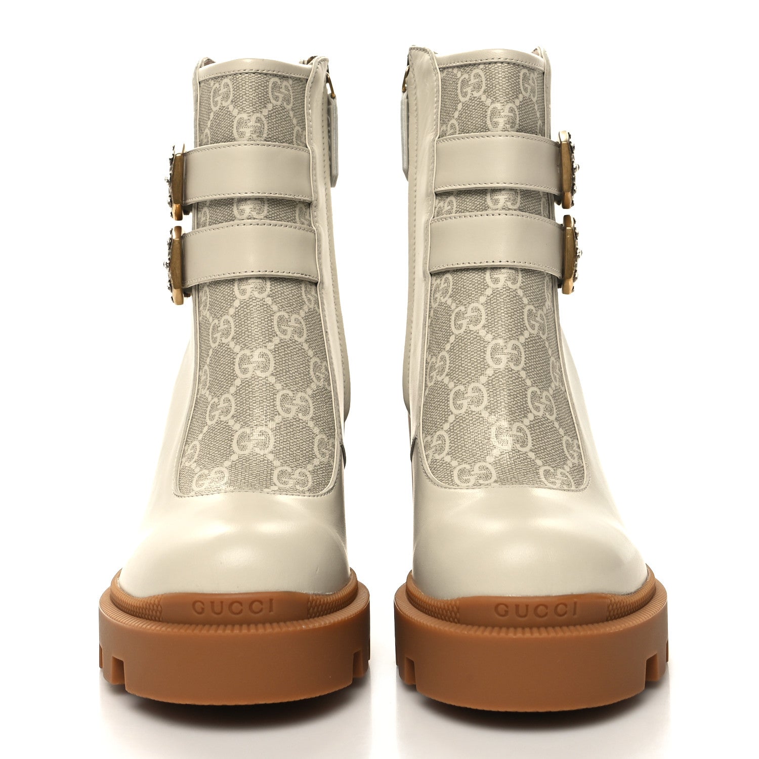 Gucci Kensington Calfskin Nappa GG Supreme Monogram Womens Double Buckle Ankle Boots 36 Mystic White Beige 2 of 9