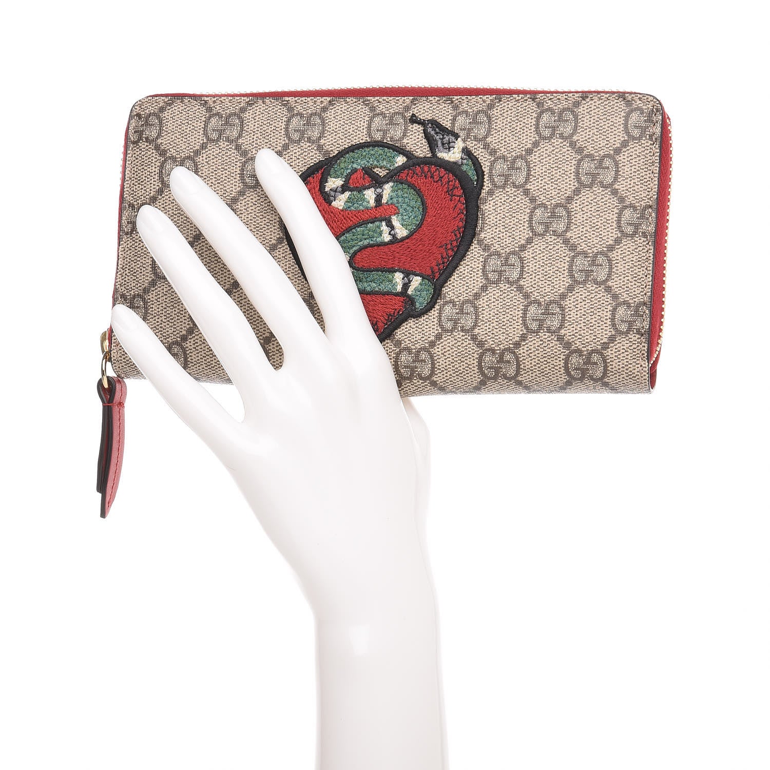 Gucci GG Supreme Monogram Kingsnake Heart Embroidered Zip Around Wallet Red 2 of 7