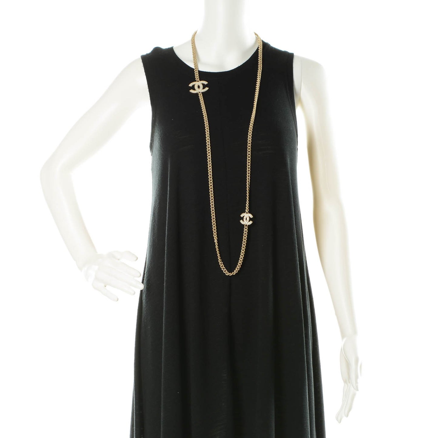 Quilted Pearl CC Long Chain Necklace Gold
