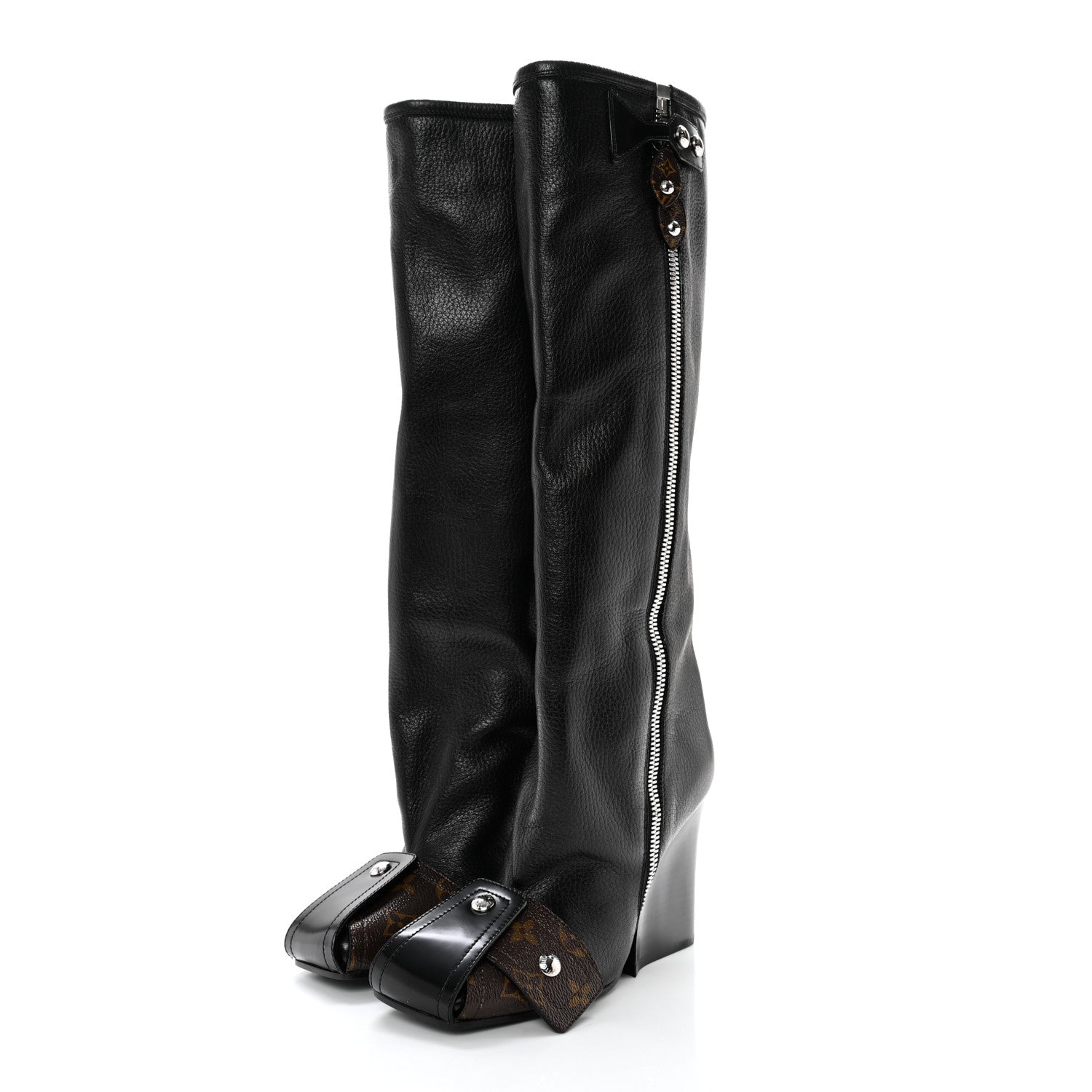 Louis Vuitton Calfskin Monogram Patti Wedge Tall Boots 36 Black 3 of 10