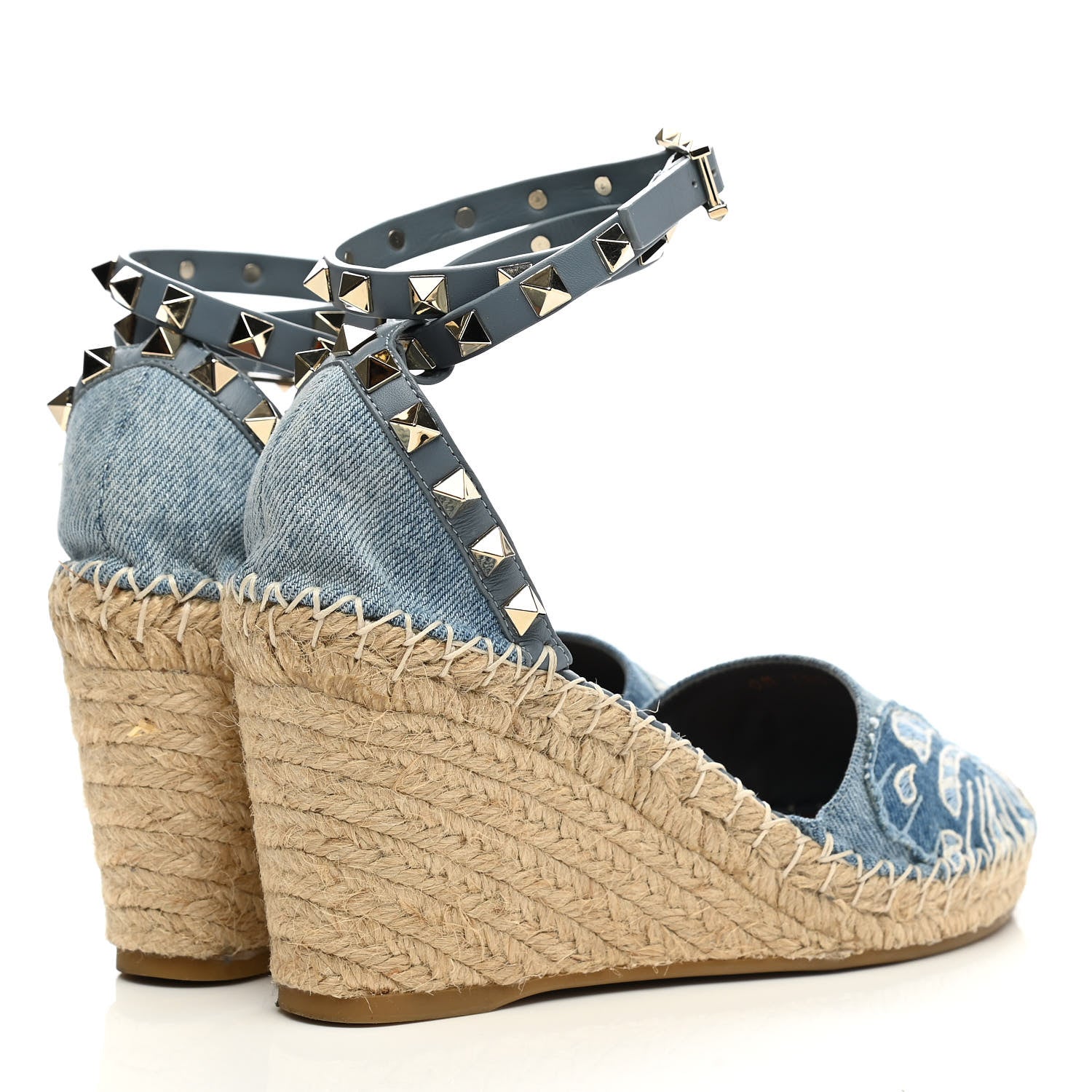 Valentino Garavani Denim Butterfly Embroidered Rockstud Ankle Wrap Espadrille 15/85mm Wedges 36 Light Denim 4 of 10