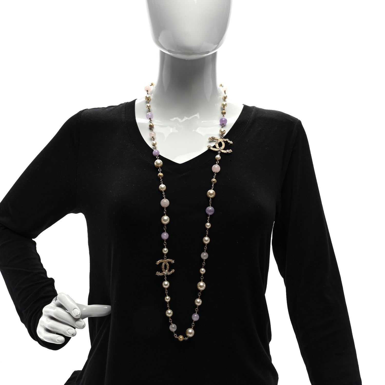 Chanel Crystal Pearl Beaded Star CC Long Necklace Silver Purple 2 of 4