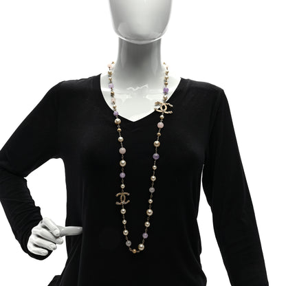 Chanel Crystal Pearl Beaded Star CC Long Necklace Silver Purple 2 of 4