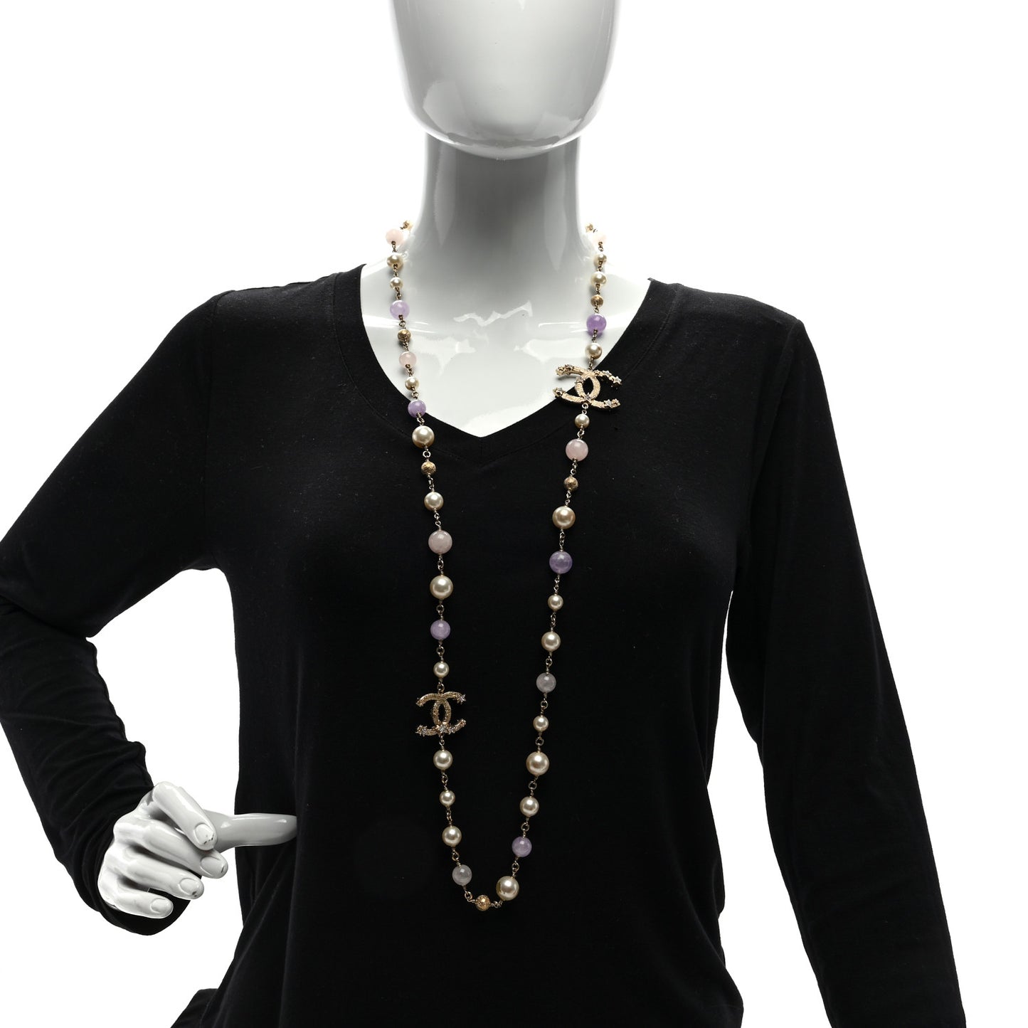 Crystal Pearl Beaded Star CC Long Necklace Silver Purple