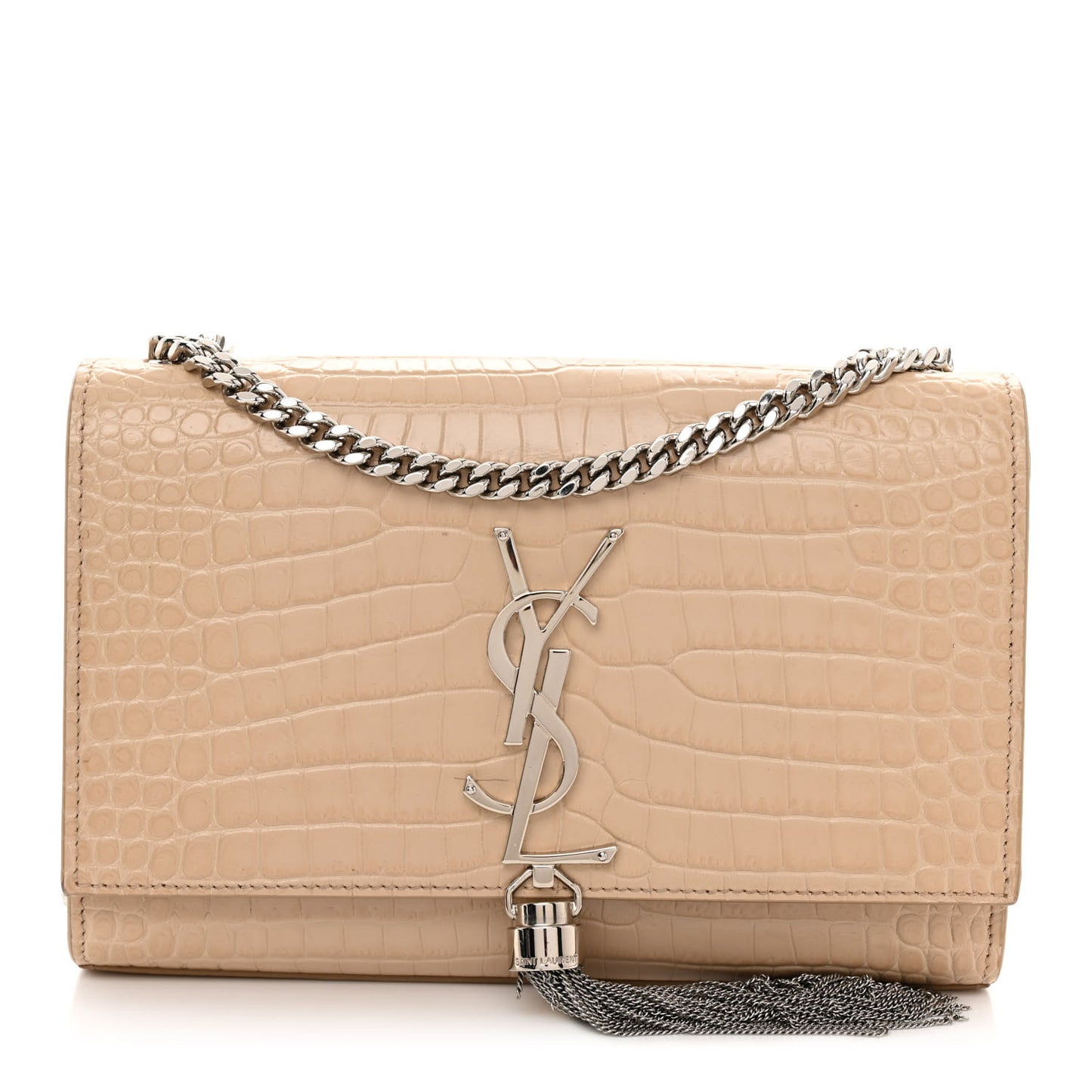 Calfskin Crocodile Embossed Small Classic Monogram Kate Tassel Satchel Nude Powder