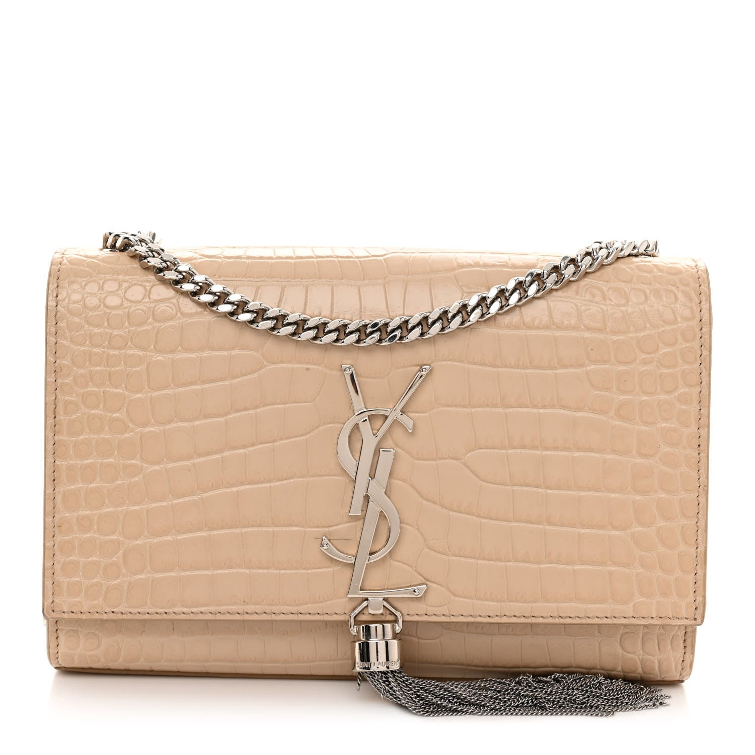 Saint Laurent Calfskin Crocodile Embossed Small Classic Monogram Kate Tassel Satchel Nude Powder 1 of 10