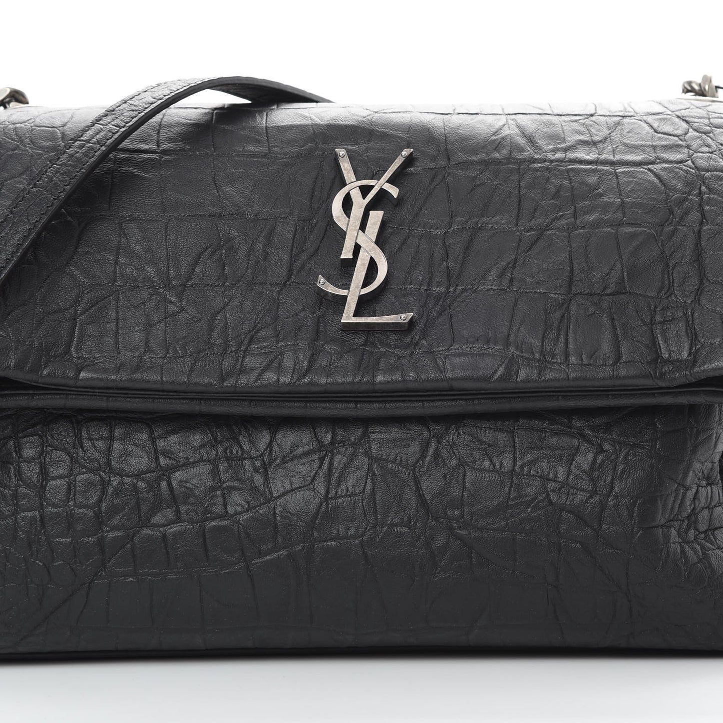 Calfskin Crocodile Embossed Medium West Hollywood Monogram Fold-Over Black