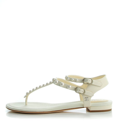Chanel Lambskin Pearl Thong Sandals 38.5 White 1 of 8