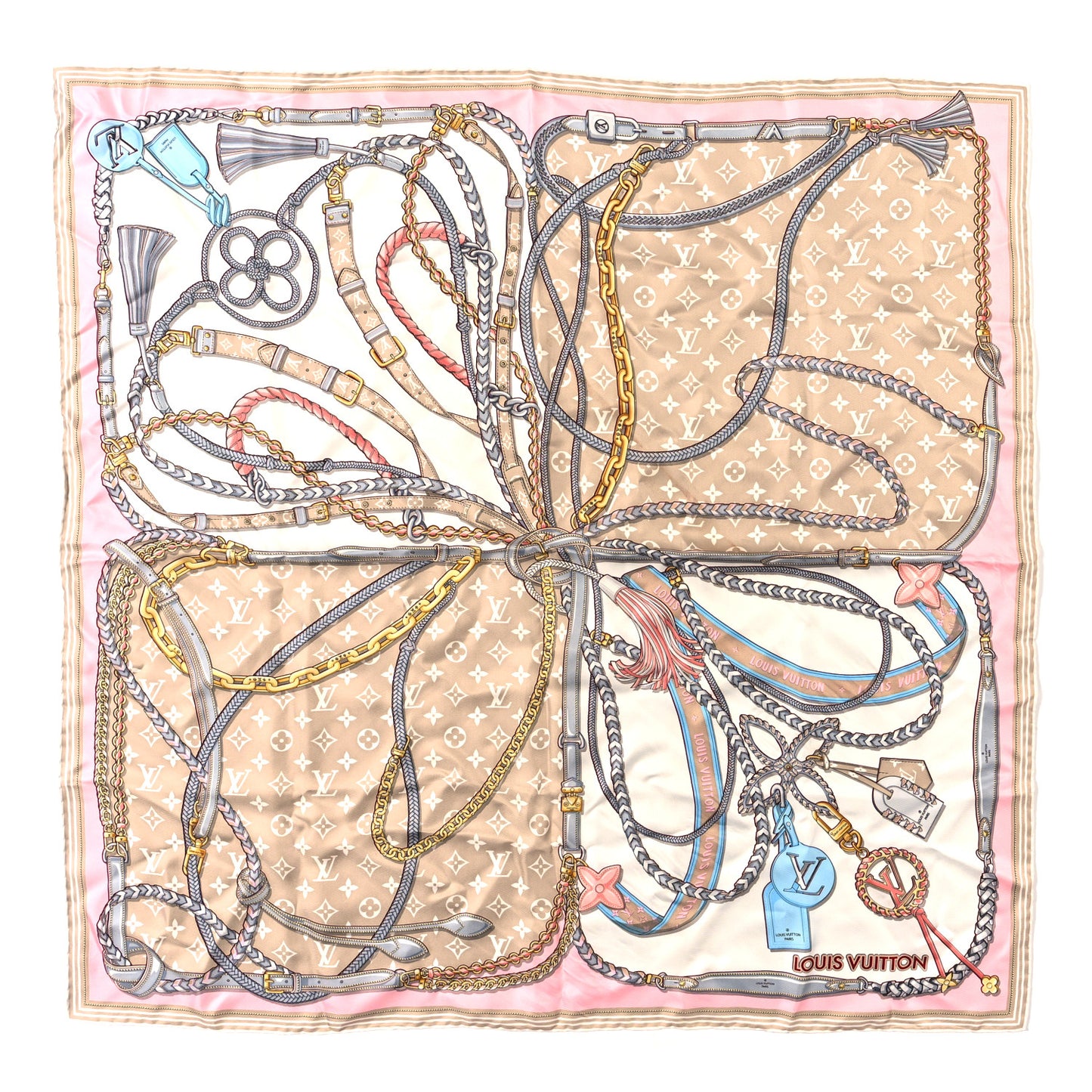 Silk Mix and Straps Square 90 Scarf Beige
