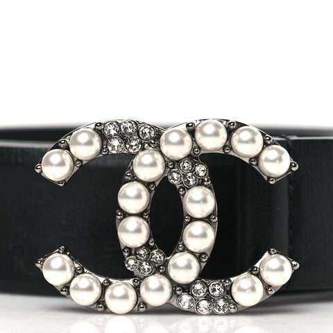Calfskin Pearl Crystal CC Belt 85 34 Black