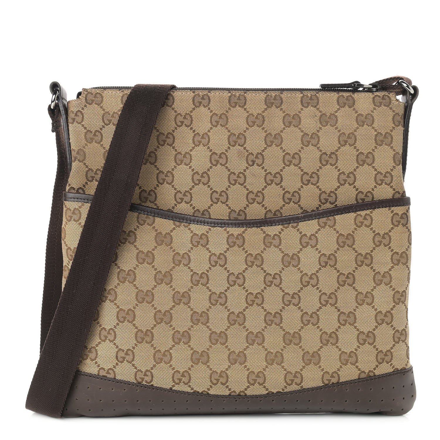 Gucci Monogram Calfskin Perforated Medium Flat Messenger Bag Dark Brown 1 of 16