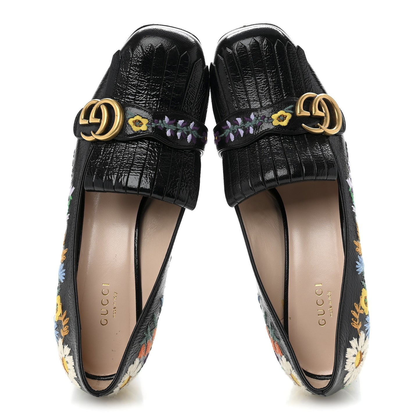 Skipper Calfskin Floral Embroidered GG Marmont Fringe 50mm Loafer Pumps 40 Black