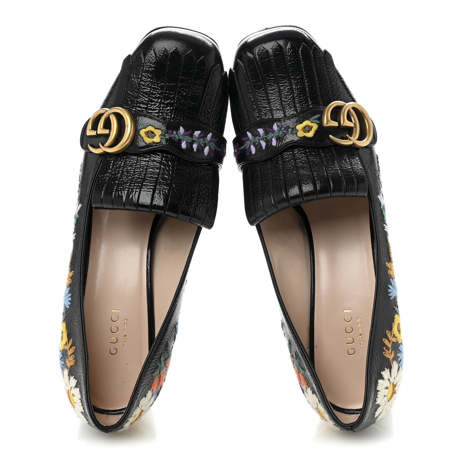 Gucci Skipper Calfskin Floral Embroidered GG Marmont Fringe 50mm Loafer Pumps 40 Black 2 of 11