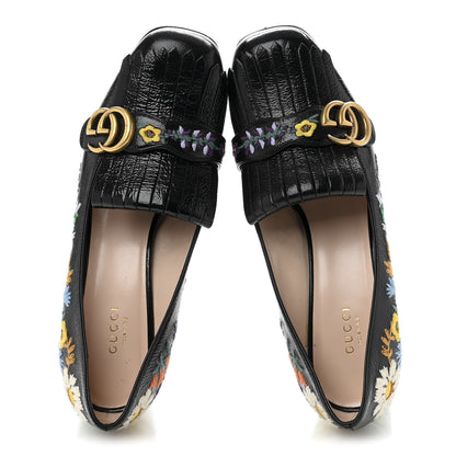 Gucci Skipper Calfskin Floral Embroidered GG Marmont Fringe 50mm Loafer Pumps 40 Black 2 of 11