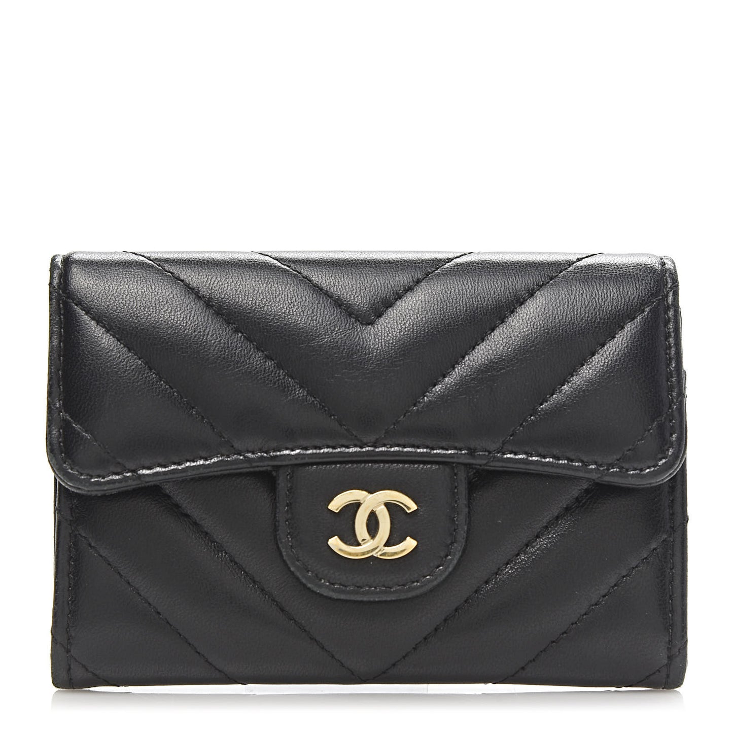 Lambskin Chevron Quilted Flap Card Holder Black