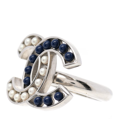 Chanel Pearl Bead CC Ring 7 Silver Blue 3 of 5