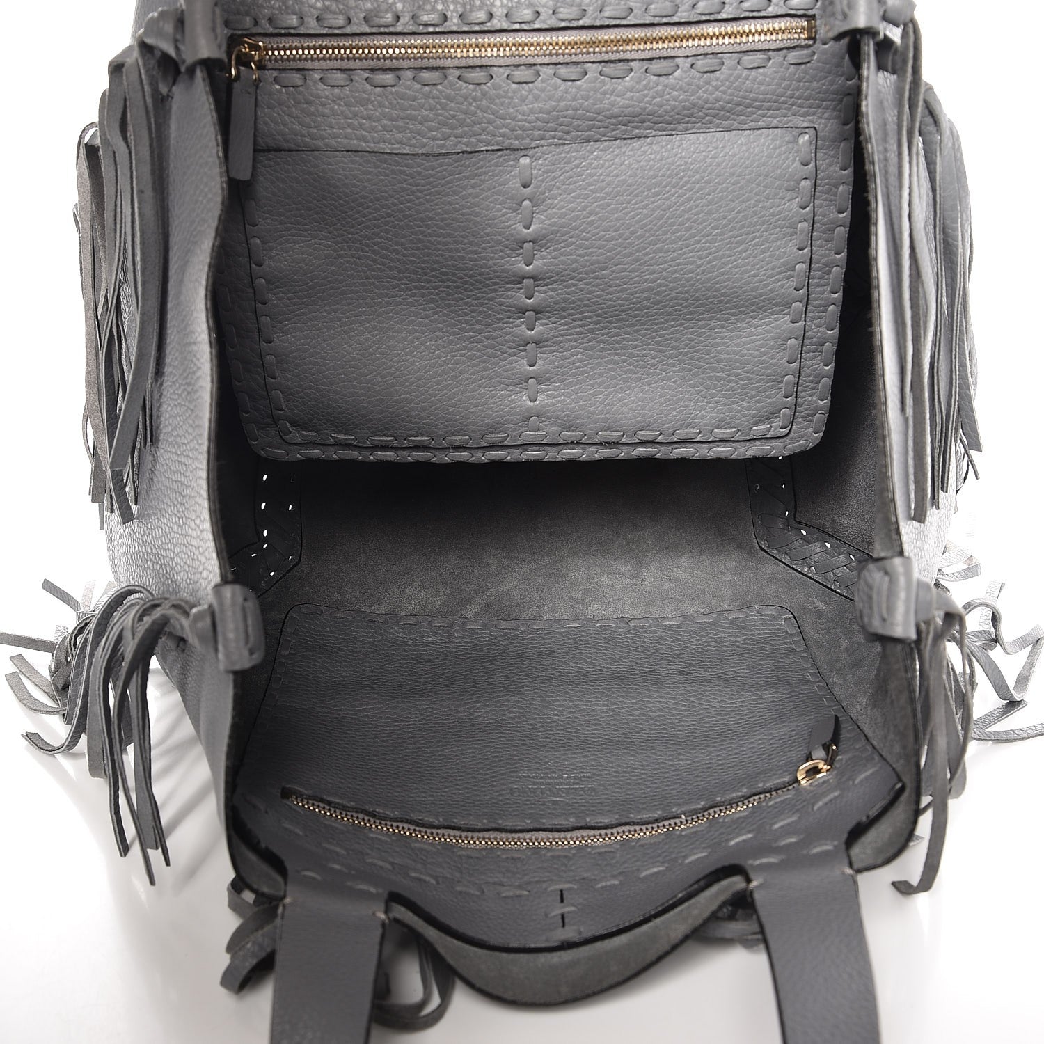 Valentino Garavani Grained Calfskin C-Rockee Fringe Tote Grey 5 of 8
