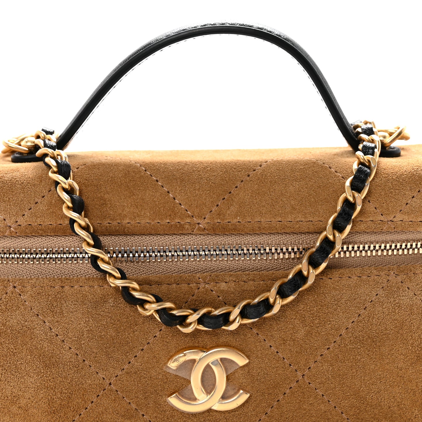 Suede Calfskin Shiny Lambskin Quilted Top Handle Slim Vanity Case With Chain Beige Black
