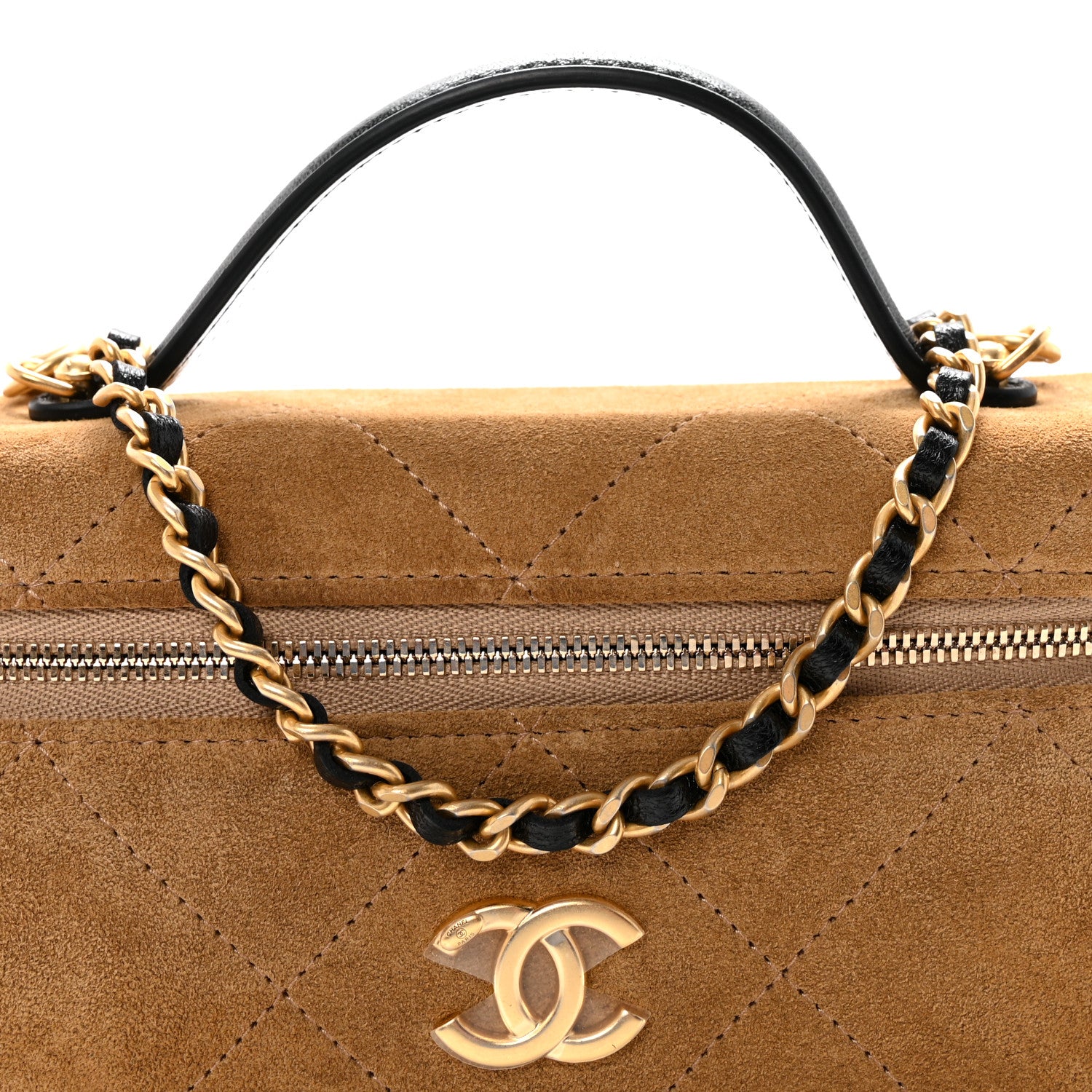 Chanel Suede Calfskin Shiny Lambskin Quilted Top Handle Slim Vanity Case With Chain Beige Black 8 of 11