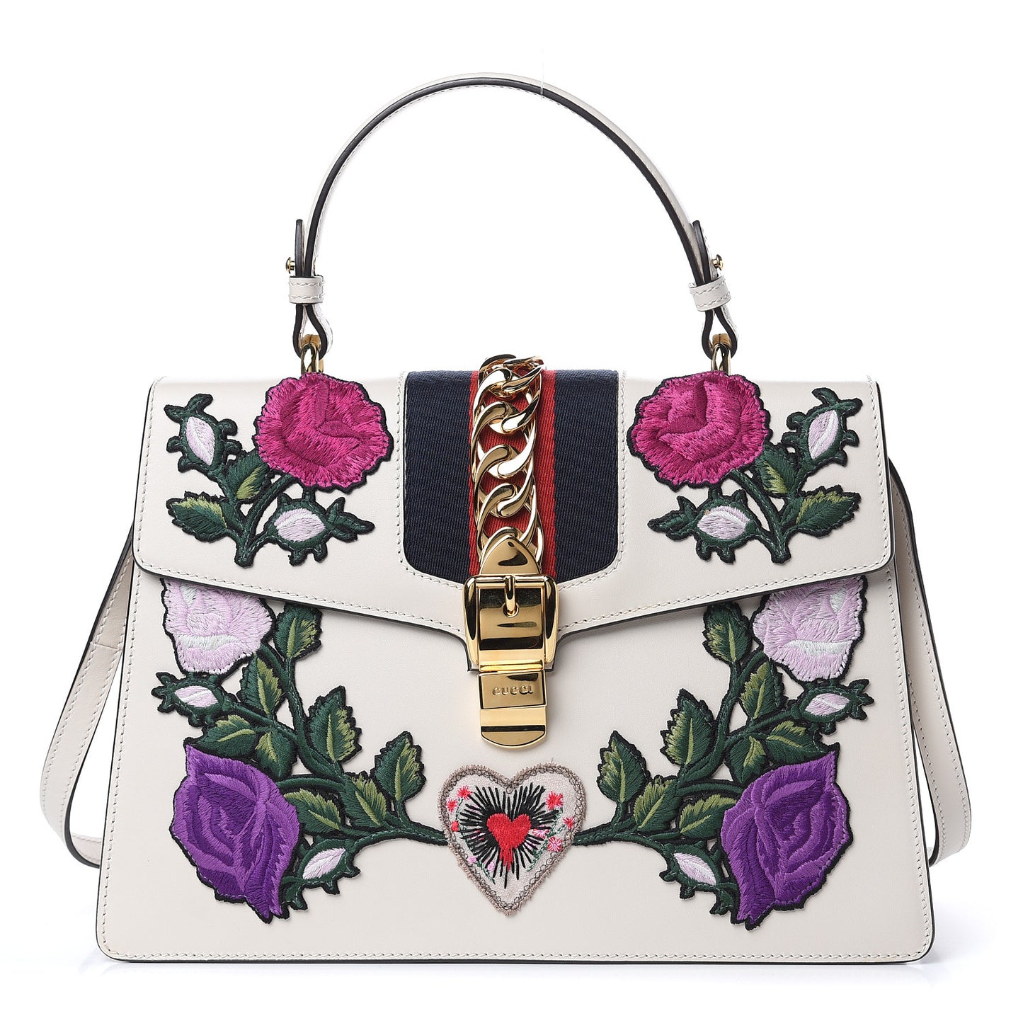 Calfskin Embroidered Medium Sylvie Top Handle Bag White