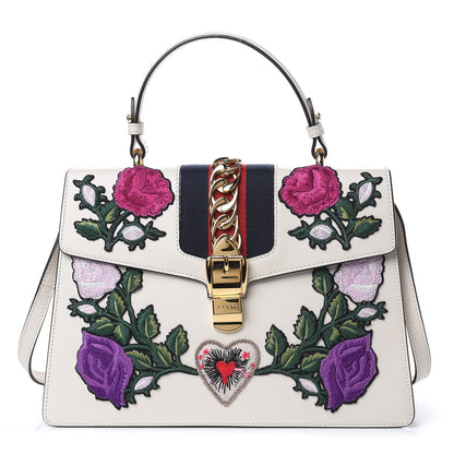 Gucci Calfskin Embroidered Medium Sylvie Top Handle Bag White 1 of 11