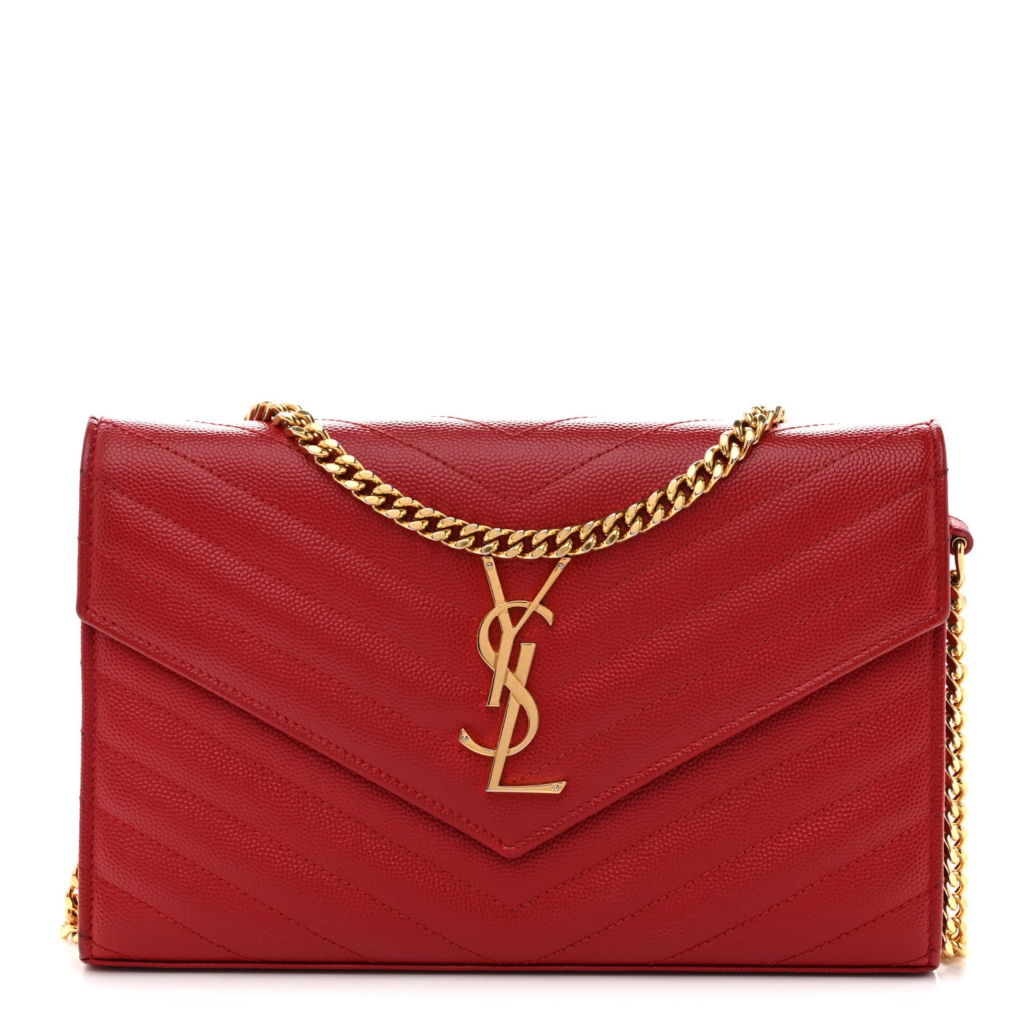 Saint Laurent Grain De Poudre Matelasse Chevron Monogram Chain Wallet Red 1 of 14