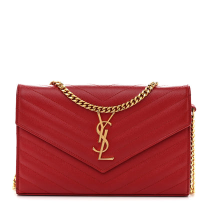 Saint Laurent Grain De Poudre Matelasse Chevron Monogram Chain Wallet Red 1 of 14