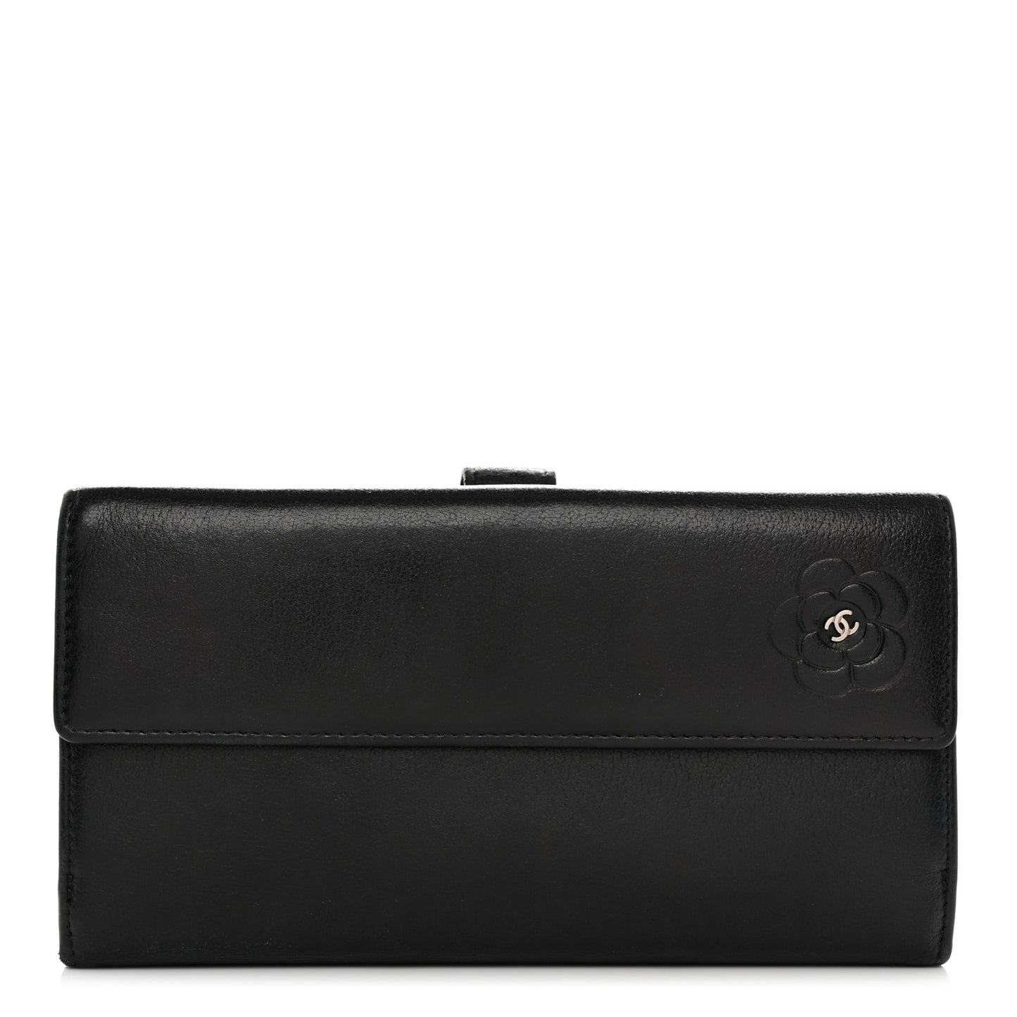Goatskin Camellia Embossed Flap Wallet Black