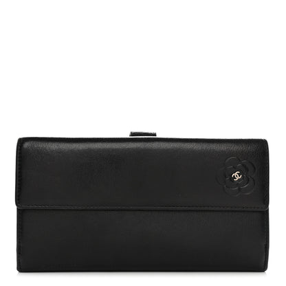 Chanel Goatskin Camellia Embossed Flap Wallet Black 1 of 8