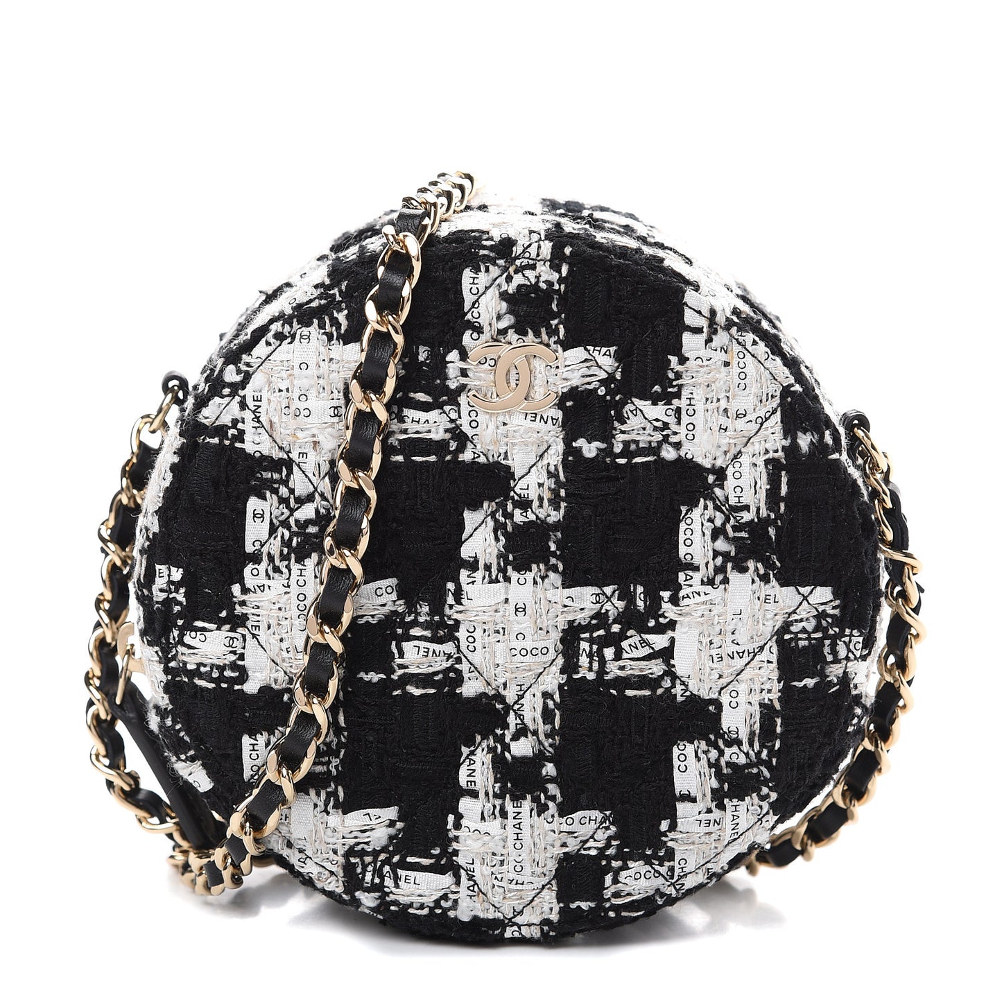 Tweed Quilted Round Clutch With Chain Black Ecru White