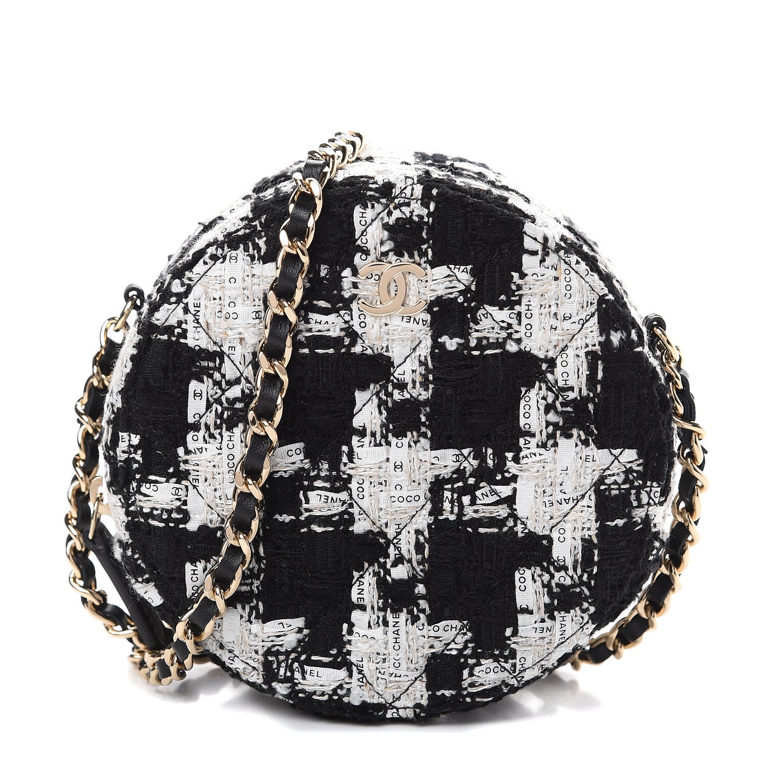 Chanel Tweed Quilted Round Clutch With Chain Black Ecru White 1 of 10