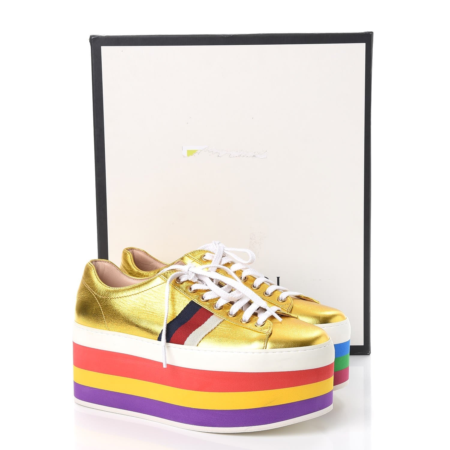 Gucci Metallic Nappa Sylvie Web Peggy Platform Sneakers 38.5 Oro Vecchio 9 of 9