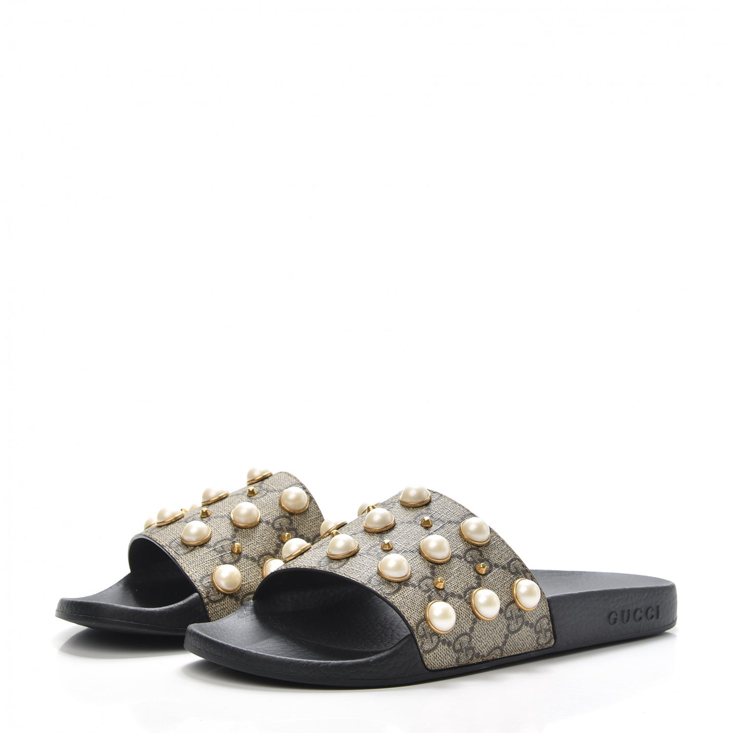 GG Supreme Monogram Slide Pearls Sandals 39 Beige