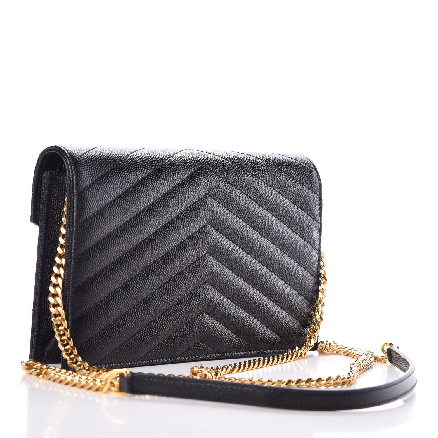 Saint Laurent Grain De Poudre Matelasse Chevron Monogram Envelope Chain Wallet Black 3 of 9