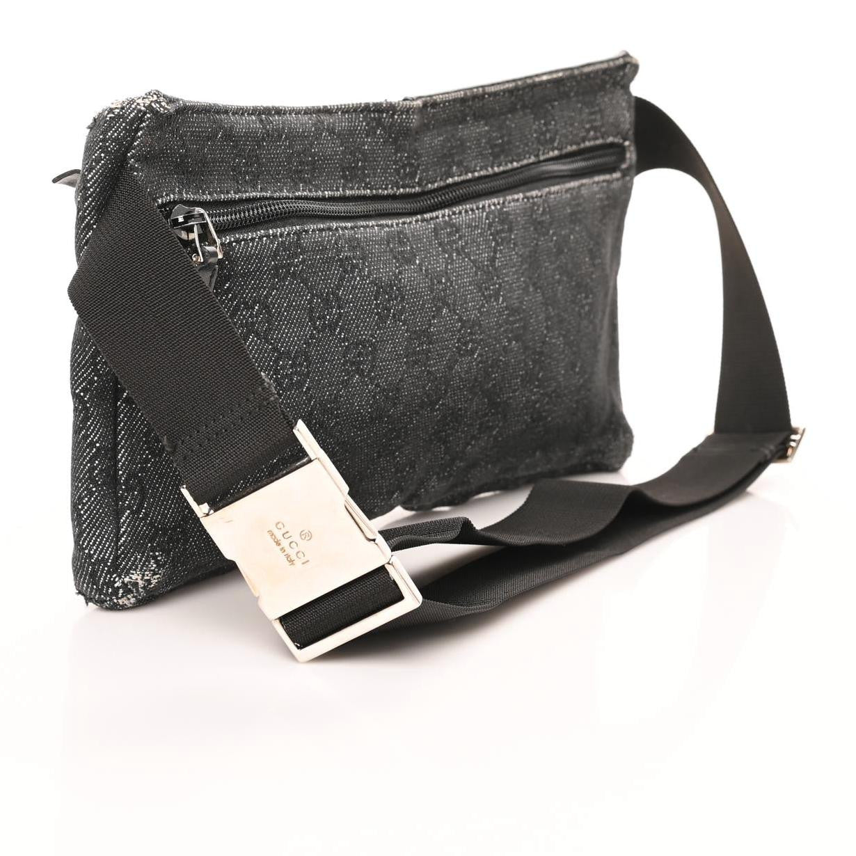 Gucci Denim Monogram Double Pocket Belt Bag Black 3 of 12