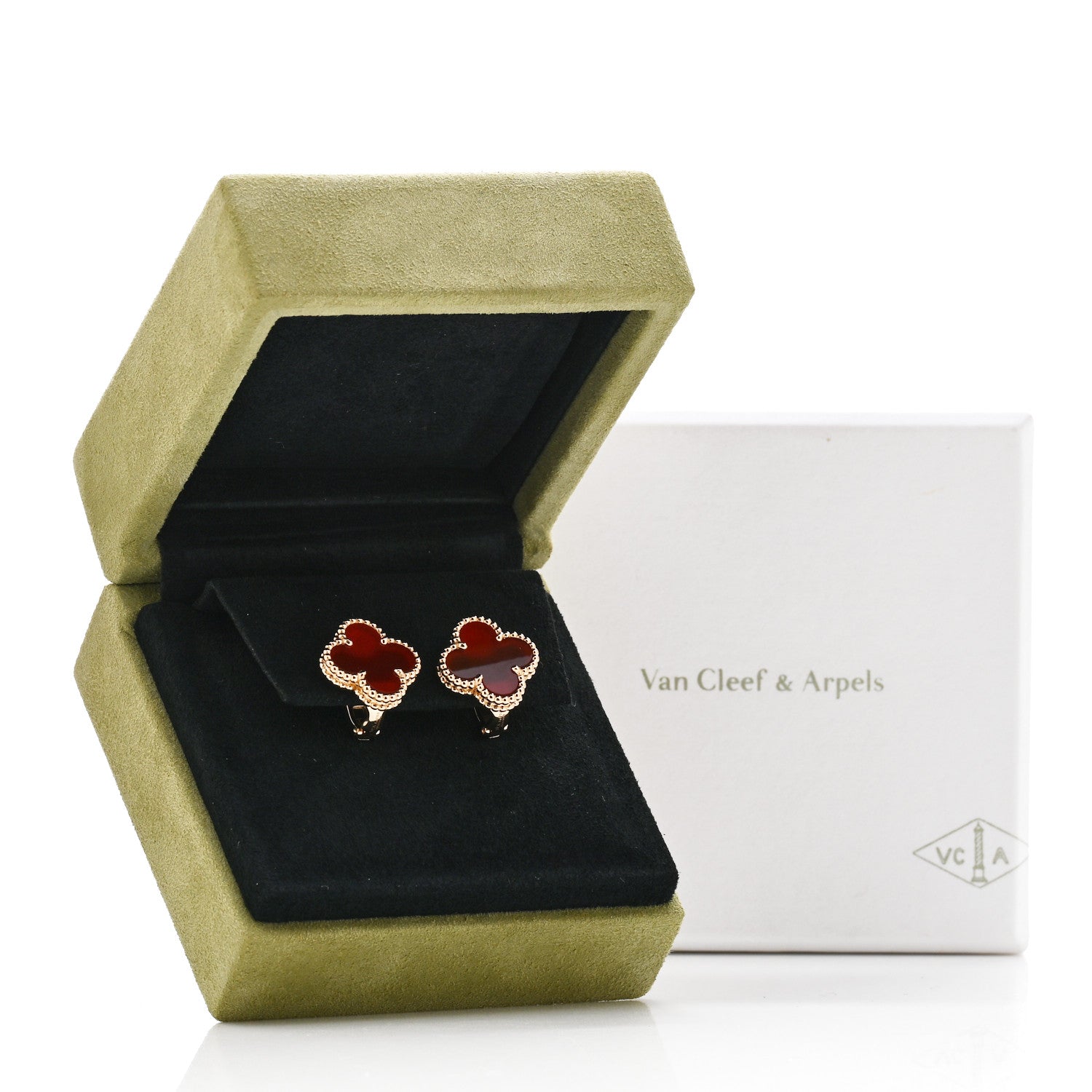 Van Cleef & Arpels 18K Yellow Gold Carnelian Vintage Alhambra Earrings 5 of 5