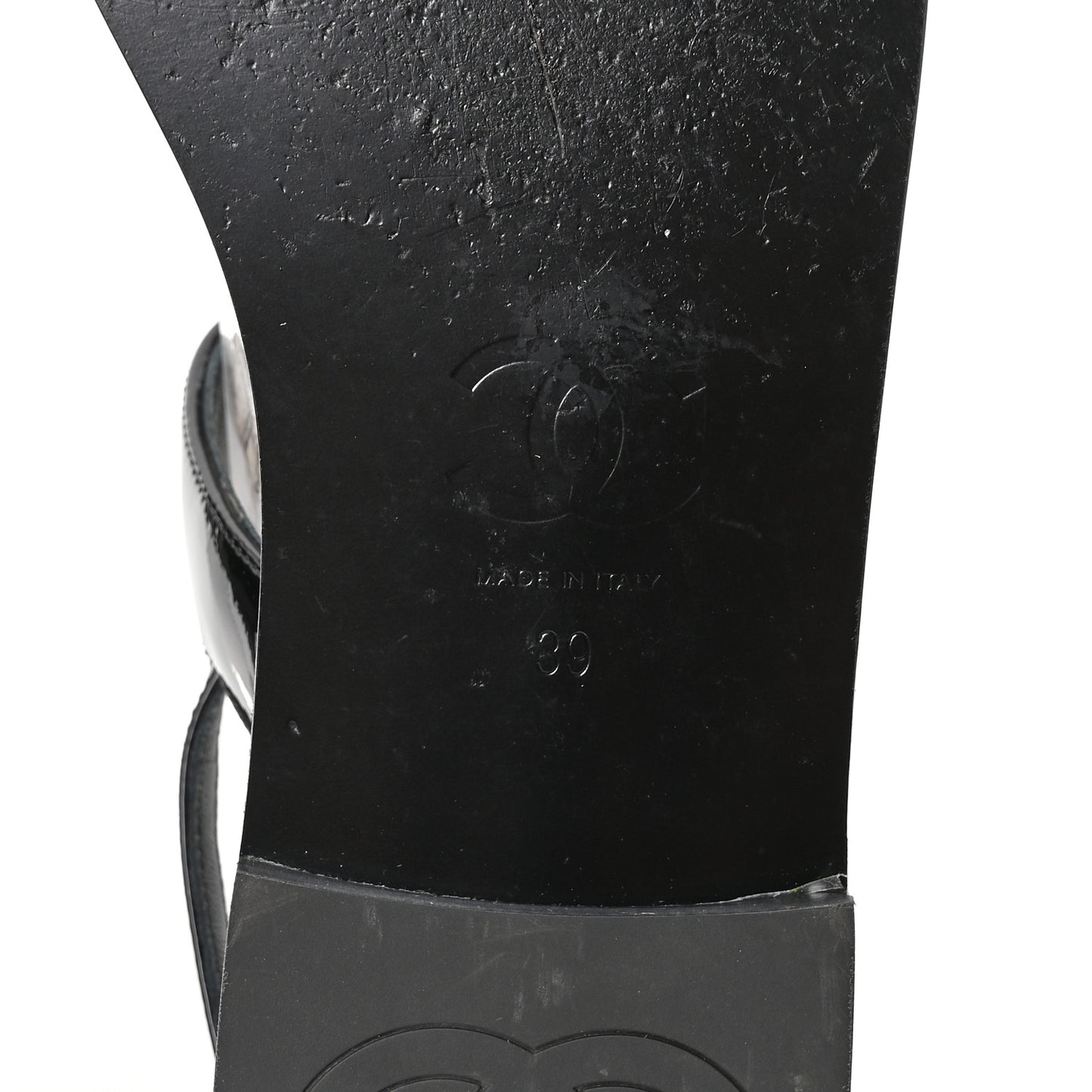 Calfskin Patent Chain CC Logo Thong Flat Sandals 39 Black