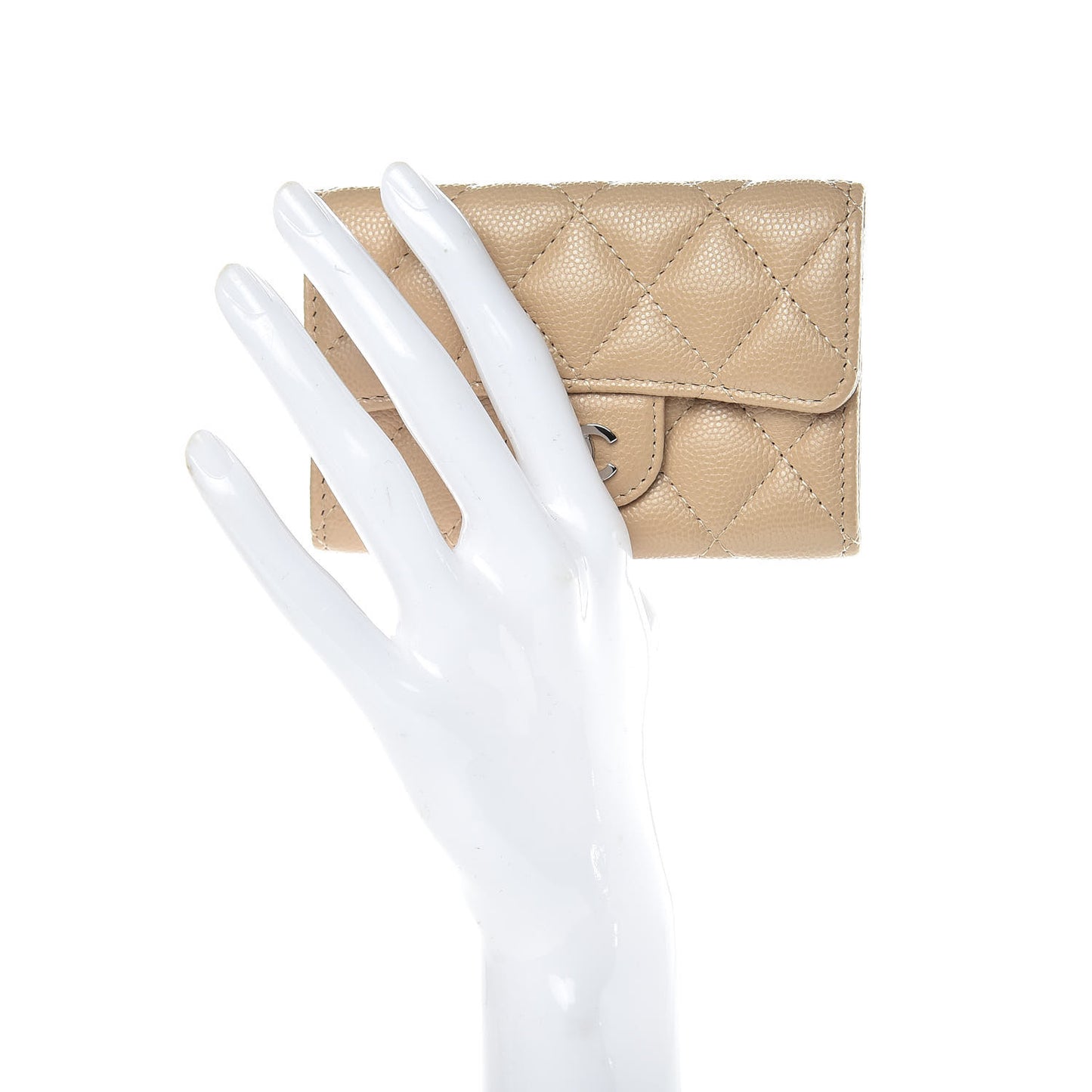 Caviar Quilted Flap Card Holder Beige