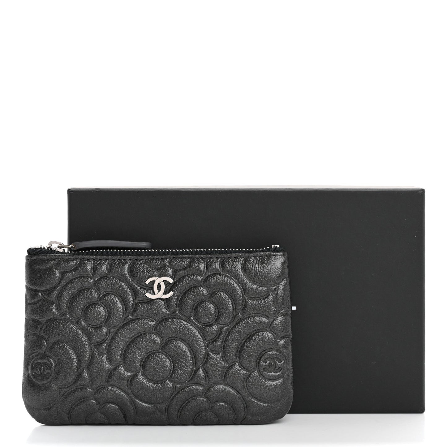 Goatskin Camellia Embossed Cosmetic Pouch Anthracite
