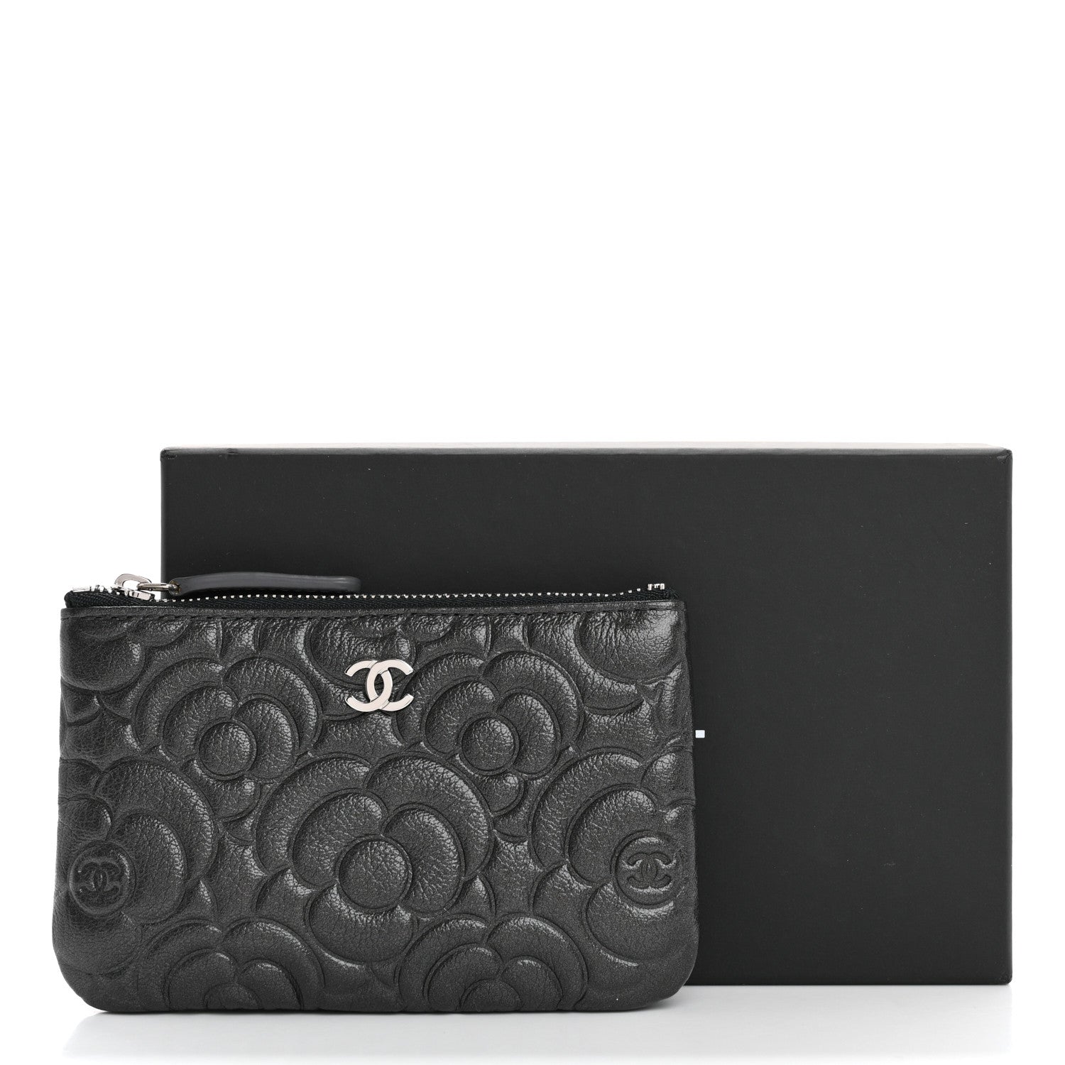 Chanel Goatskin Camellia Embossed Cosmetic Pouch Anthracite 12 of 12
