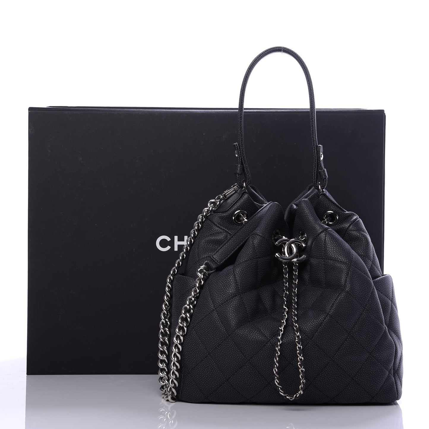 Grained Calfskin Quilted Medium CC Chain Bucket Drawstring Bag Black