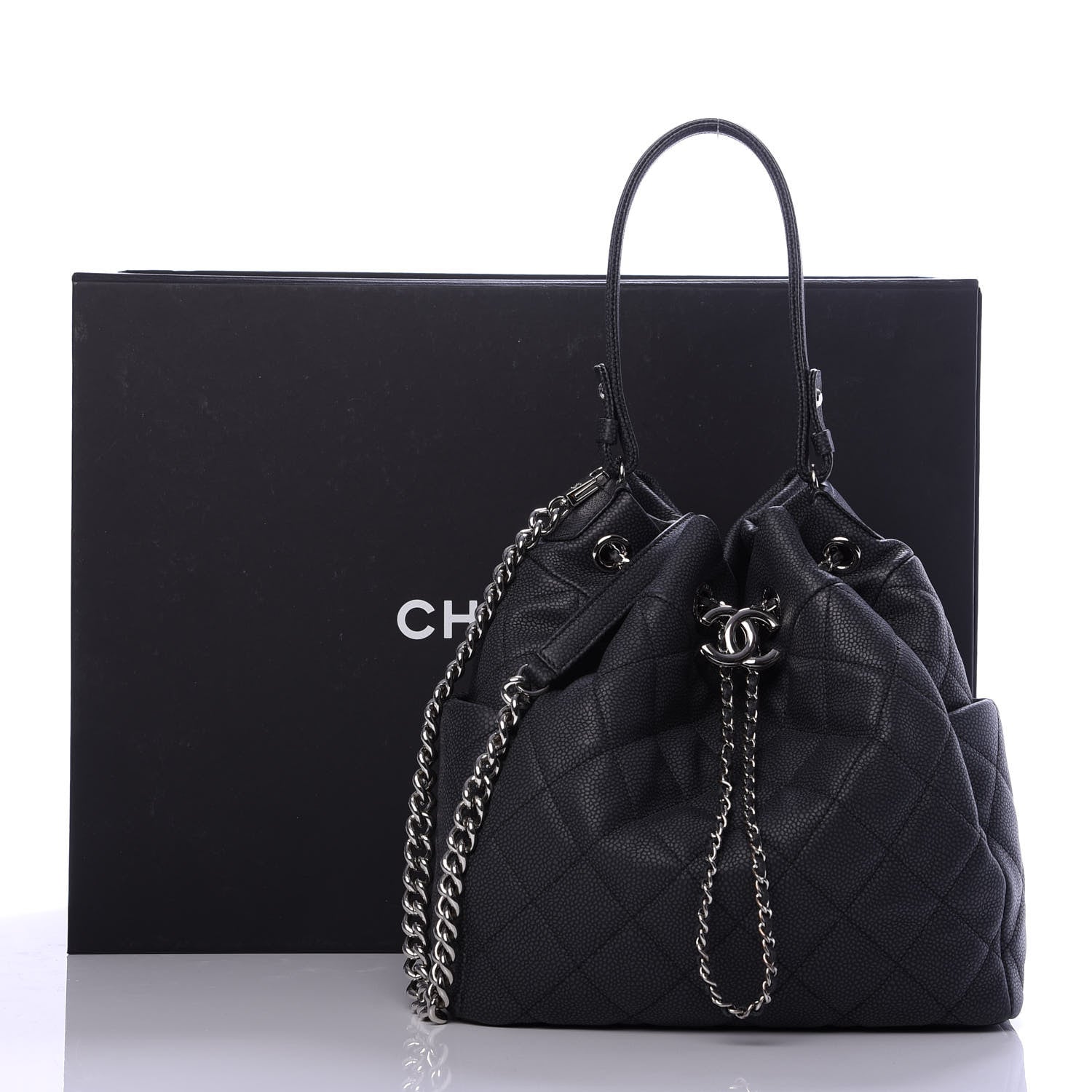 Chanel Grained Calfskin Quilted Medium CC Chain Bucket Drawstring Bag Black 11 of 11