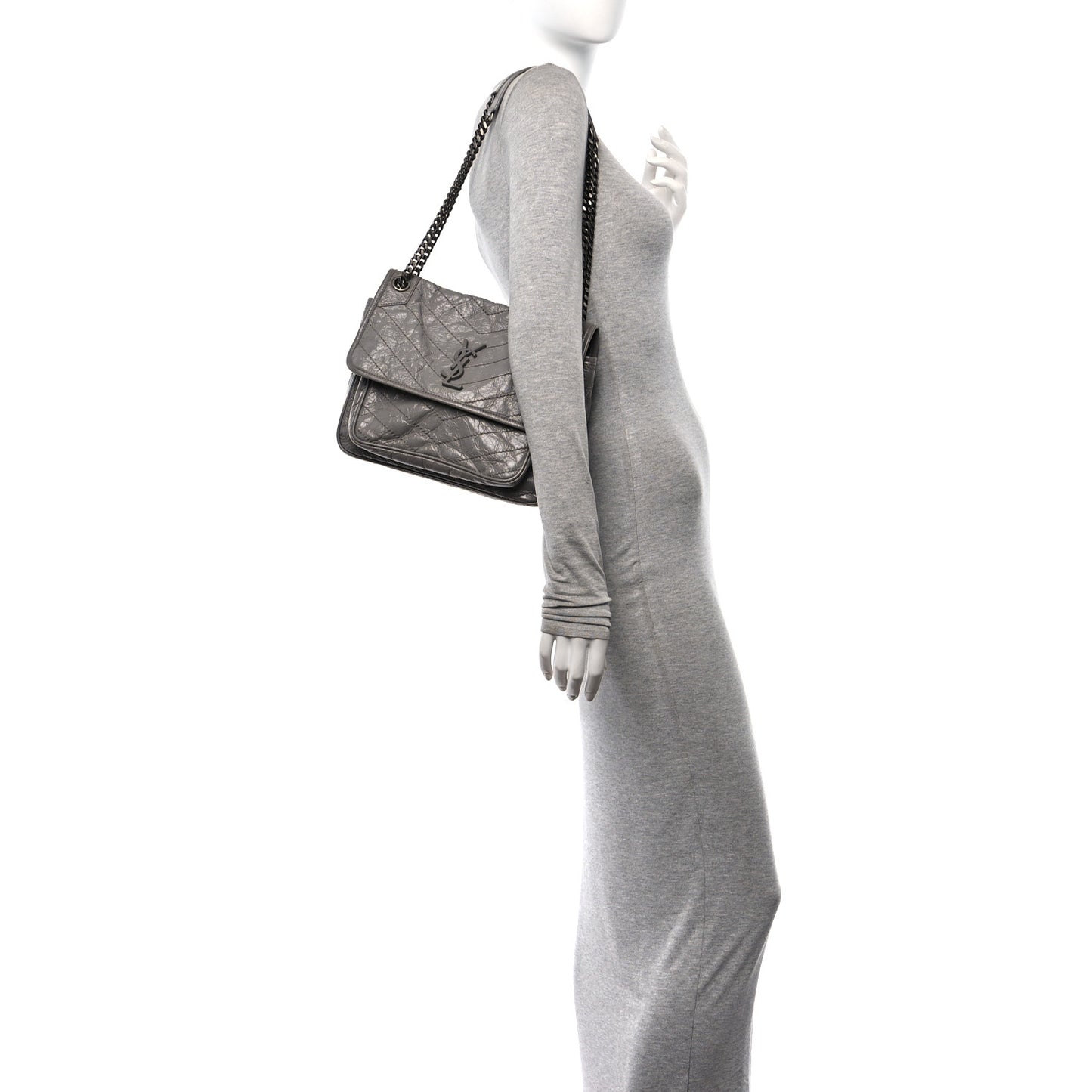 Crinkled Calfskin Matelasse Monogram Medium Niki Chain Satchel Fog