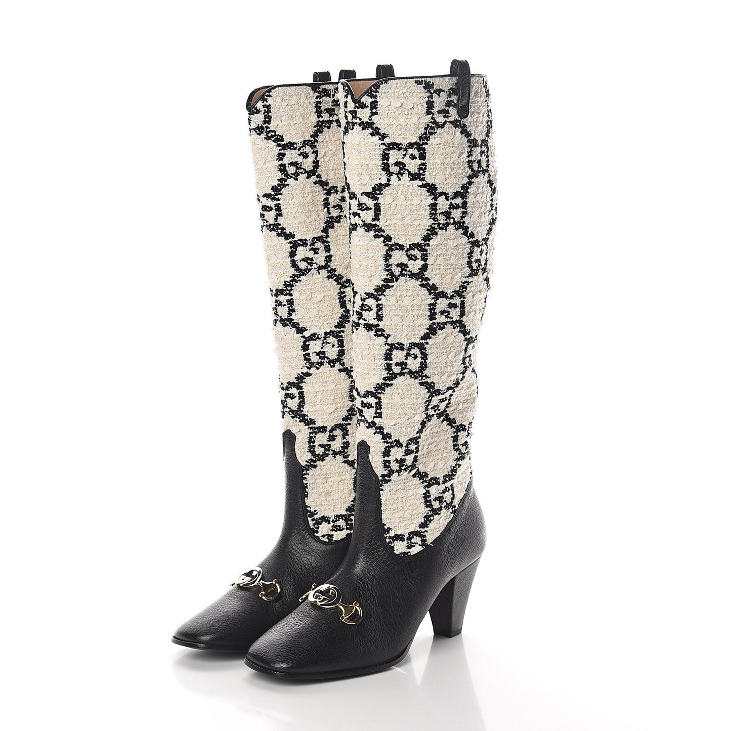 Tweed GG Monogram Wrinkled Kid Zumi Knee Boots 38 Natural Black