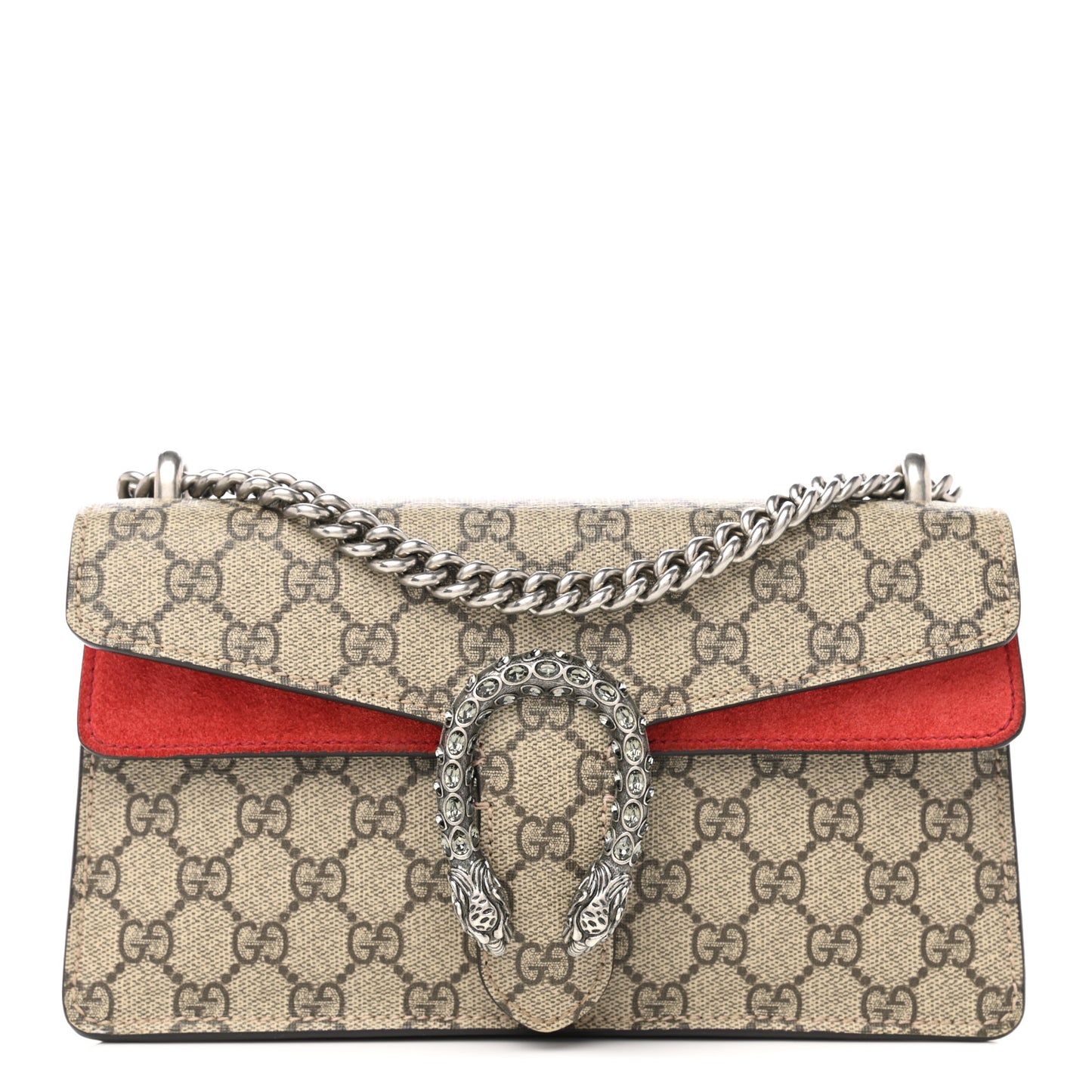 GG Supreme Monogram Suede Crystal Small Dionysus Shoulder Bag Beige Ebony Vulcanic Red