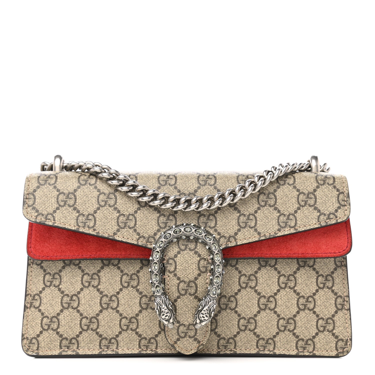 Gucci GG Supreme Monogram Suede Crystal Small Dionysus Shoulder Bag Beige Ebony Vulcanic Red 1 of 11