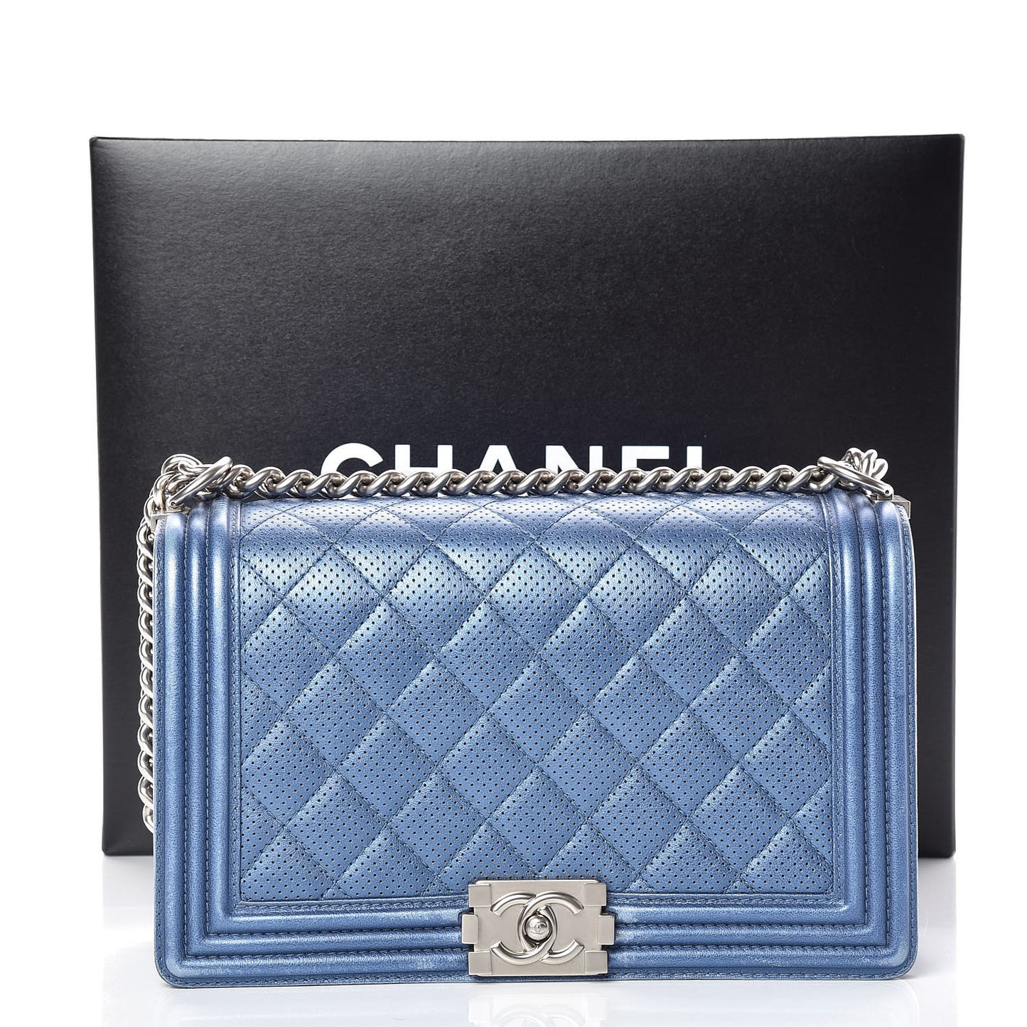 Metallic Lambskin Perforated New Medium Boy Flap Blue