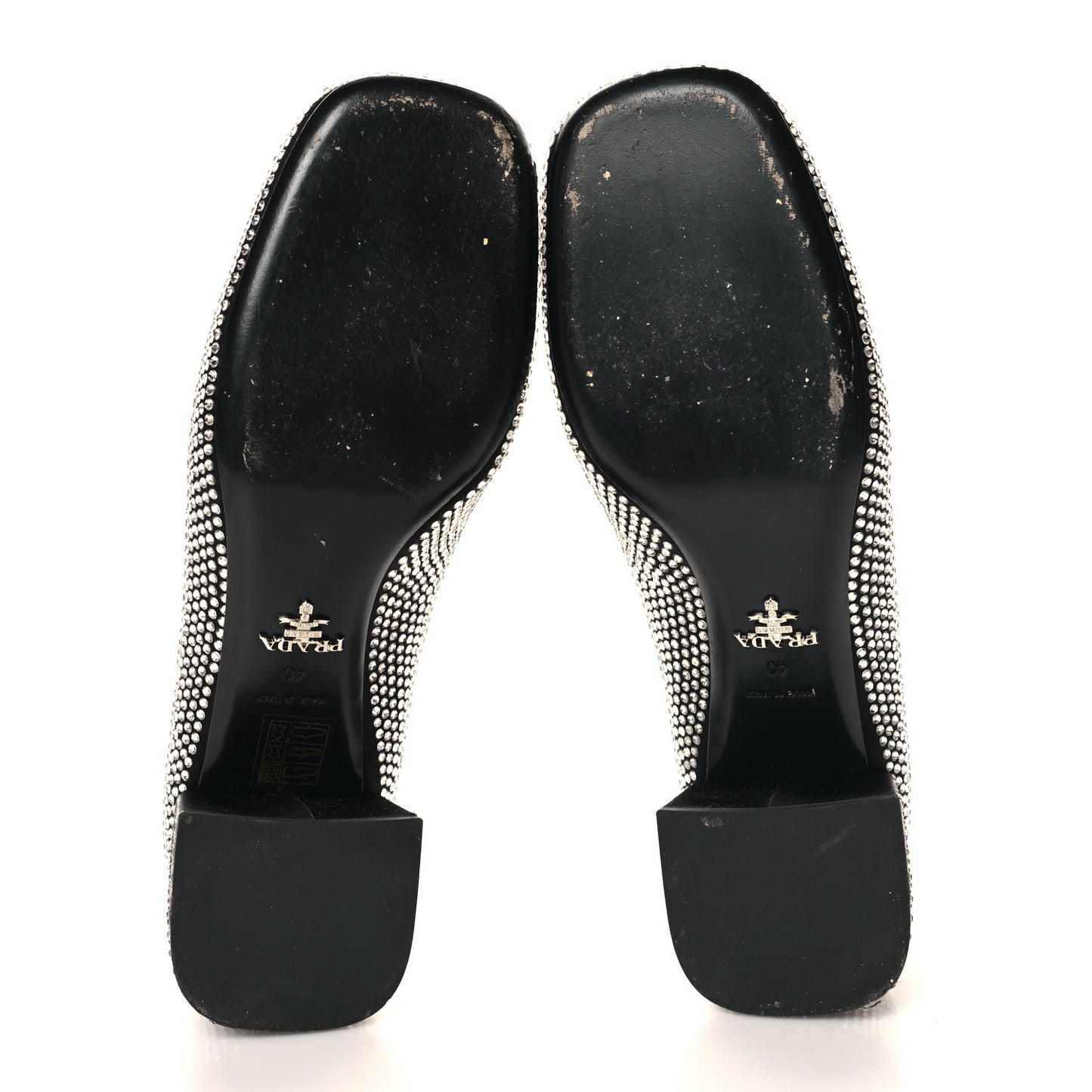 Satin Crystal Metal Triangle Logo 45mm Block Heel Loafers 40 Cristal