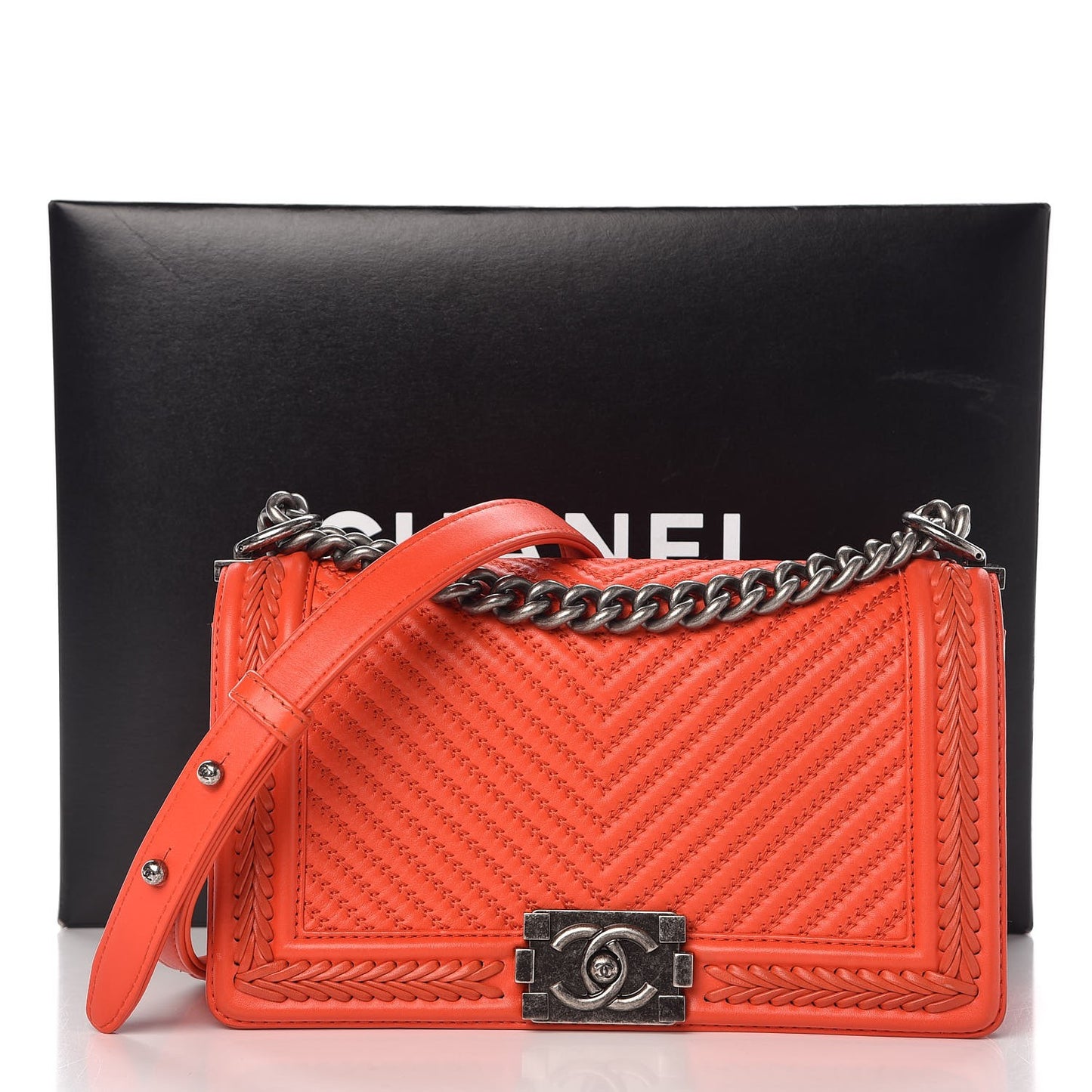 Calfskin Chevron Quilted Medium Braided Boy Flap Orange