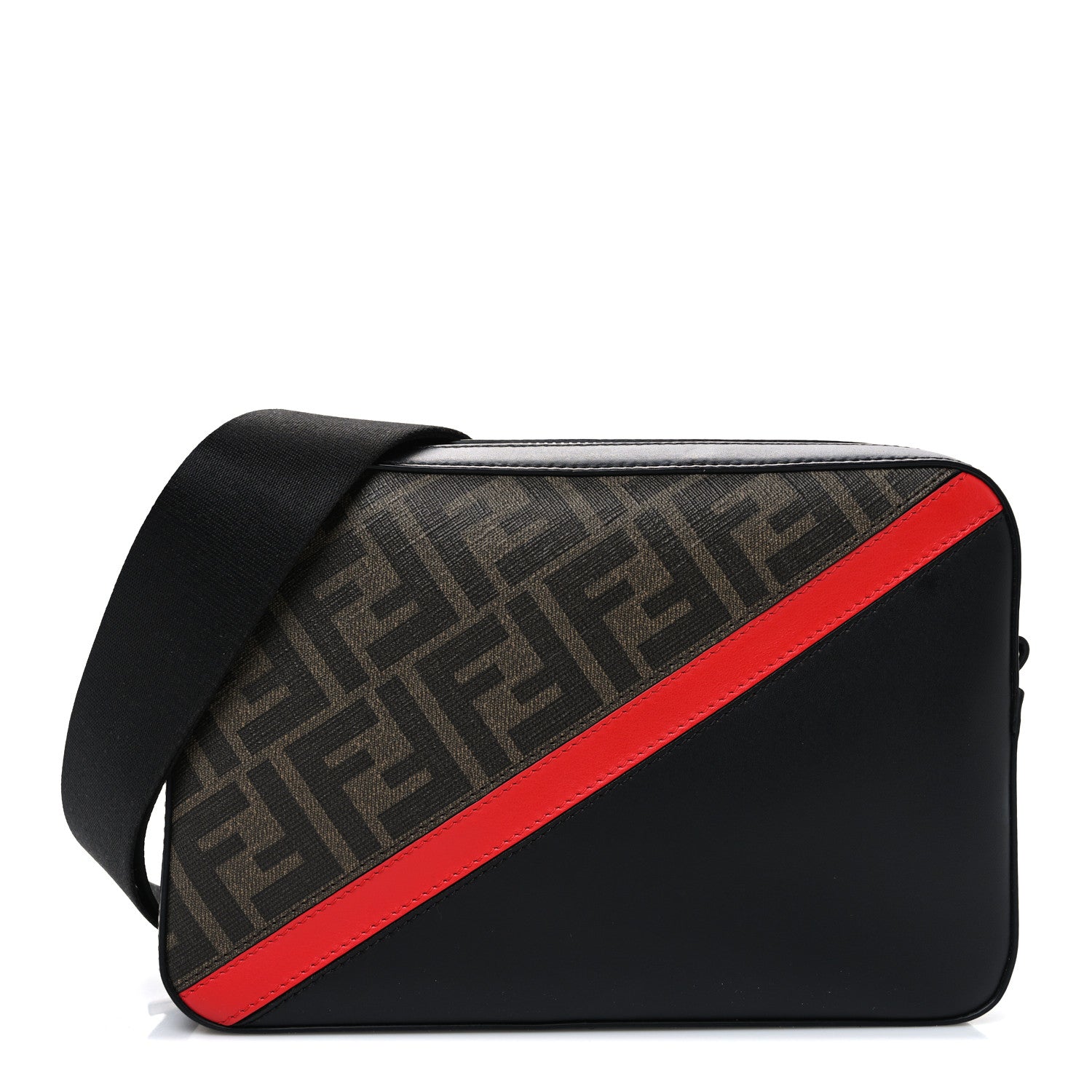 Fendi Glazed Fabric Vitello Liberty FF 1974 Diagonal Camera Case Tobacco Rosso Black 1 of 10